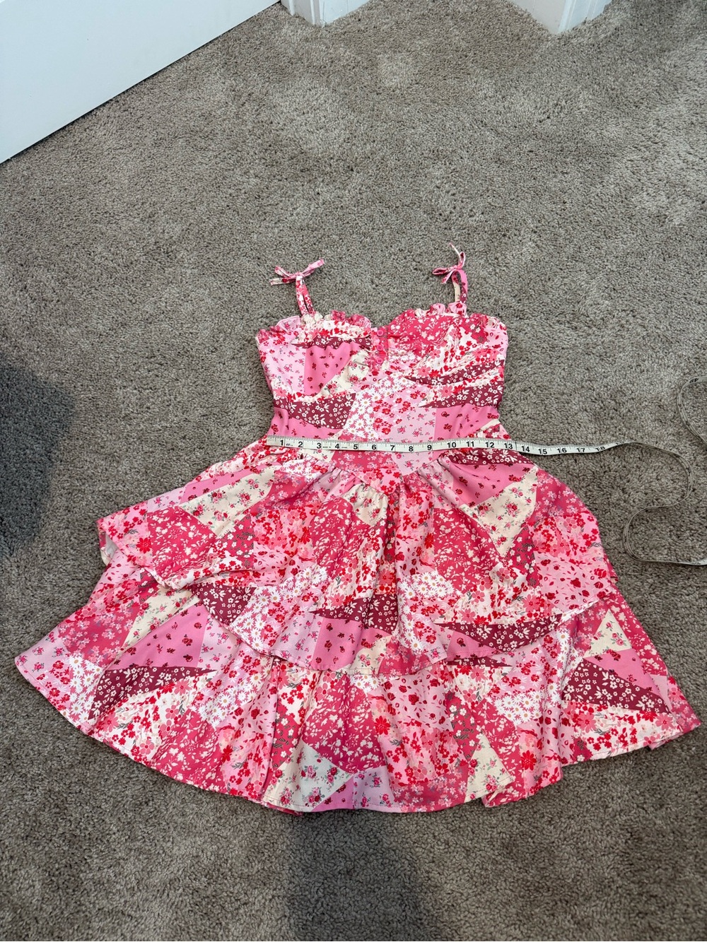 SHEIN Pink Patchwork Floral Tiered Sundress